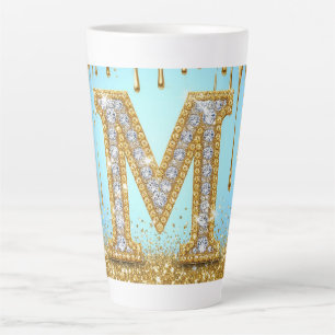 Caneca De Café Latte Letra M de Diamante de Luxo em Fundo de Brilho Dou