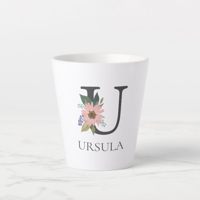 Caneca De Café Latte Letra U Monogramada Floral Moderna Personalizável (Frente)