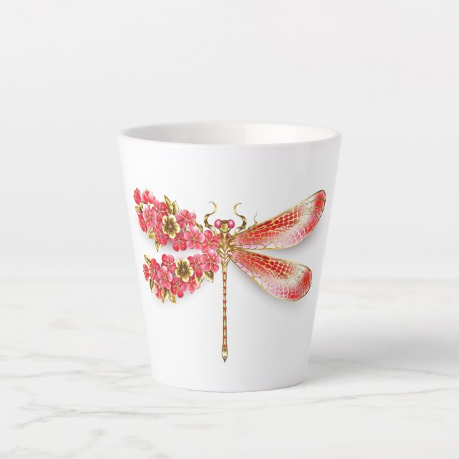 Caneca De Café Latte Libélula flor com jóias sakura (Frente)