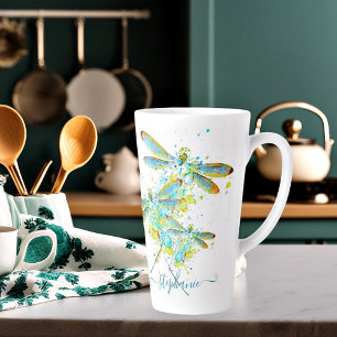 Caneca De Café Latte Libélula verde-azulada personalizada com respingos