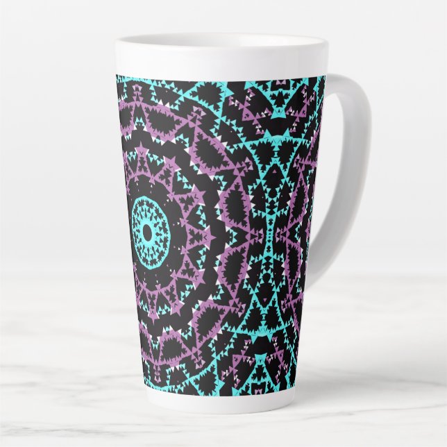 Caneca De Café Latte Lilac, Black e Turquoise Mandala. (Ângulo direito)