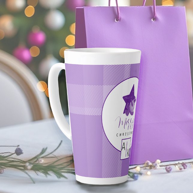 Caneca De Café Latte Lilac Violet Tartan Monograma Elegante (Criador carregado)