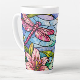 Caneca De Café Latte Lilases e Libélulas Rosa em Vidro Fosco
