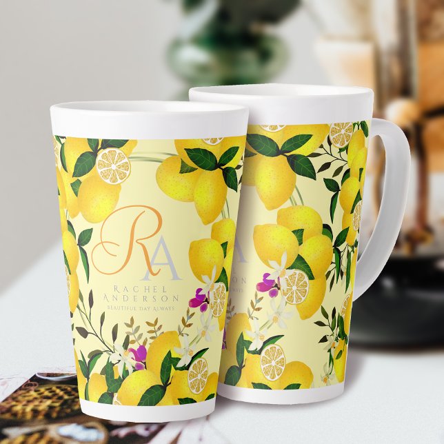 Caneca De Café Latte Limão Monograma Amarelo (Criador carregado)
