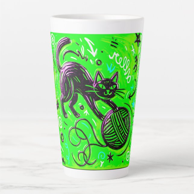 Caneca De Café Latte Lime Green Playful Cat (Frente)