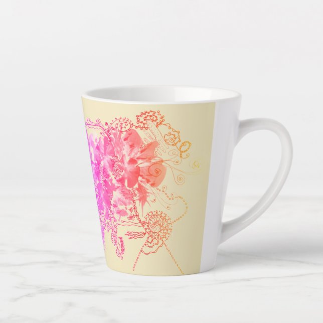 Caneca De Café Latte Linda Floral Rosa e Roxo (Direita)