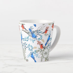 Caneca De Café Latte Lindas Aves de Aquarela e Padrão Foliar