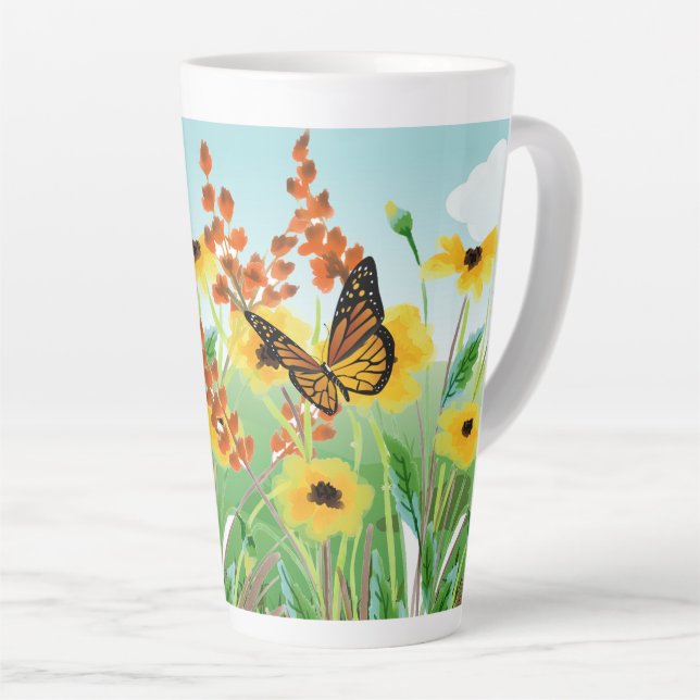 Caneca De Café Latte Lindas Flores Amarelas Céu Azul e Borboleta (Ângulo direito)