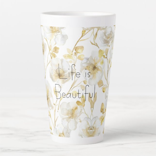 Caneca De Café Latte Lindas Flores Brancas Douradas (Frente)