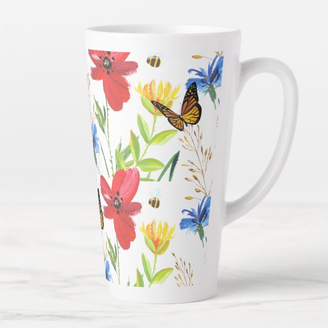 Caneca De Café Latte Lindas Flores de Aquarela de Verão com Borboletas (Direita)