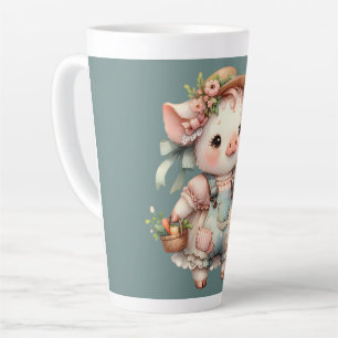 Caneca De Café Latte Lindíssimo Leitão Pastel em Macacão Cottagecore