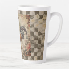 Caneca De Café Latte Lindo Galo Vintage, Padrão de Flores, Xadrez