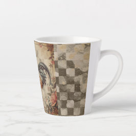 Caneca De Café Latte Lindo Galo Vintage, Padrão de Flores, Xadrez