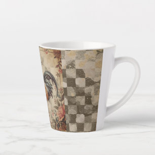Caneca De Café Latte Lindo Galo Vintage, Padrão de Flores, Xadrez