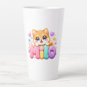 Caneca De Café Latte Lindo Milo Cachorro Kawaii Nome Pastel Rosa Brilha