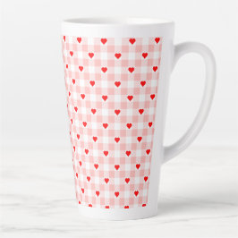 Caneca De Café Latte Lindo padrão de xadrez rosa com coração retrô