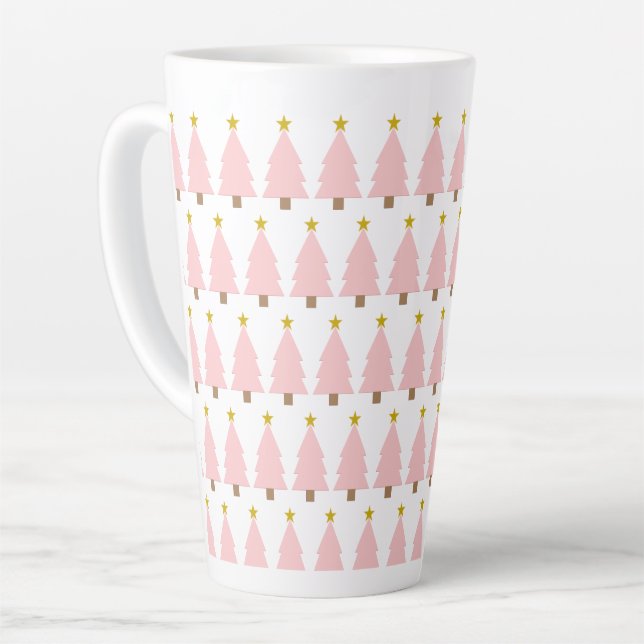 Caneca De Café Latte Linha de Árvores de Natal Rosa Elegante, Estrelas  (Ângulo esquerdo)