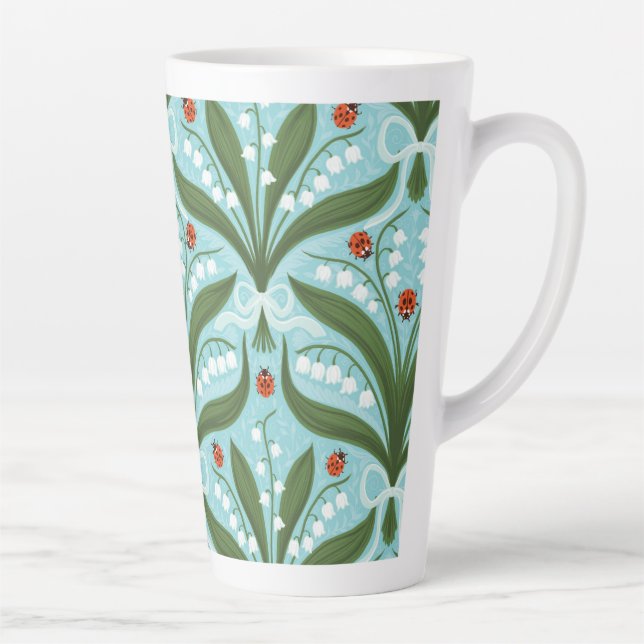 Caneca De Café Latte Lírio-do-vale e joaninhas simetria em verde, (Direita)