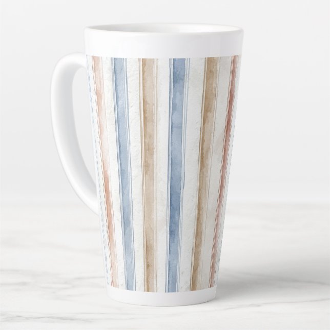 Caneca De Café Latte Listras Bege Creme Azul Bonito   (Ângulo esquerdo)