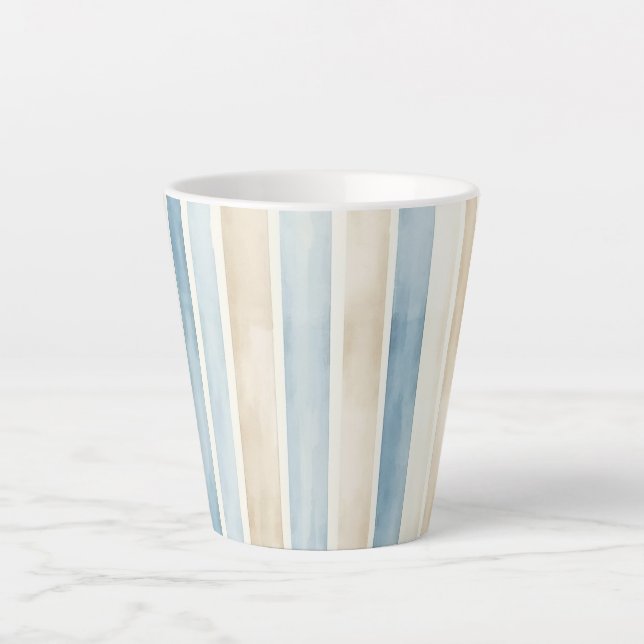 Caneca De Café Latte Listras de Creme Azul da Praia (Frente)