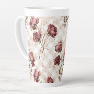 Caneca De Café Latte Listras de Creme Rosas Vermelhas Flores