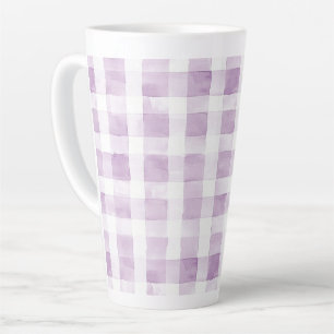 Caneca De Café Latte Listras de Xadrez Branco Roxo