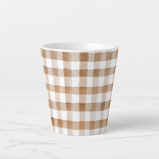 Caneca De Café Latte Listras Marrons Creme Xadrez Tan (Frente)