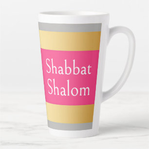 Caneca De Café Latte Listras Rosa Quente Cinza Dourado, Shabbat Shalom