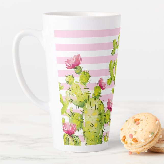 Caneca De Café Latte Listras Rosas com Cacto de Pera Espinhosa Aquarela (In Situ)