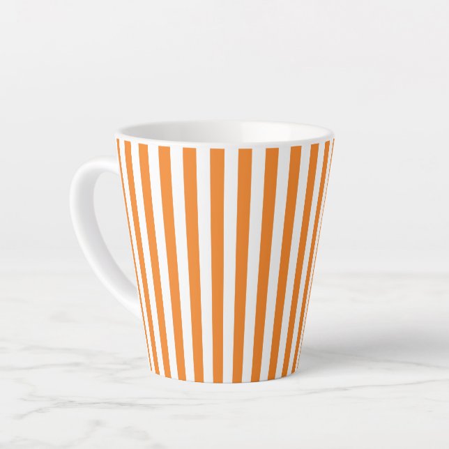 Caneca De Café Latte Listras Verticais Clássicas Laranja e Branco (Ângulo esquerdo)