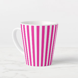 Caneca De Café Latte Listras Verticais Rosa Quente e Branco Minimalista