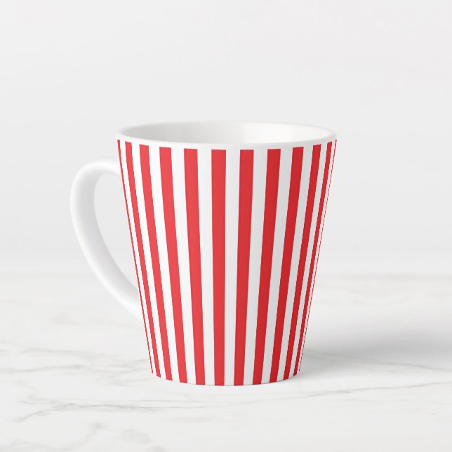 Caneca De Café Latte Listras Verticais Vermelhas e Brancas Clássicas (Ângulo esquerdo)