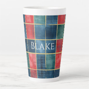 Caneca De Café Latte Listras Xadrez Verde Azul Vermelho Dourado