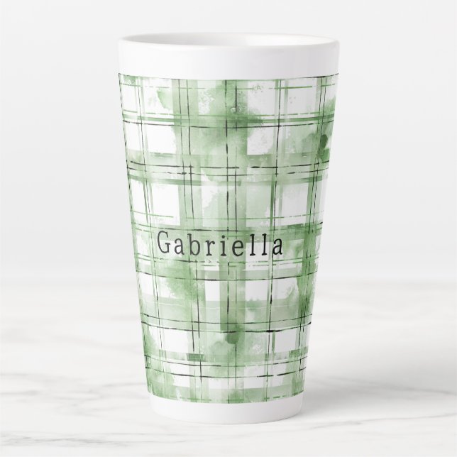 Caneca De Café Latte Listras Xadrez Verde Branco   (Frente)