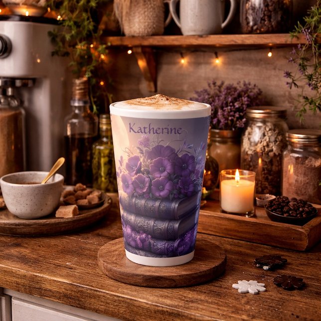 Caneca De Café Latte Livro Gótico Roxo Floral (Criador carregado)