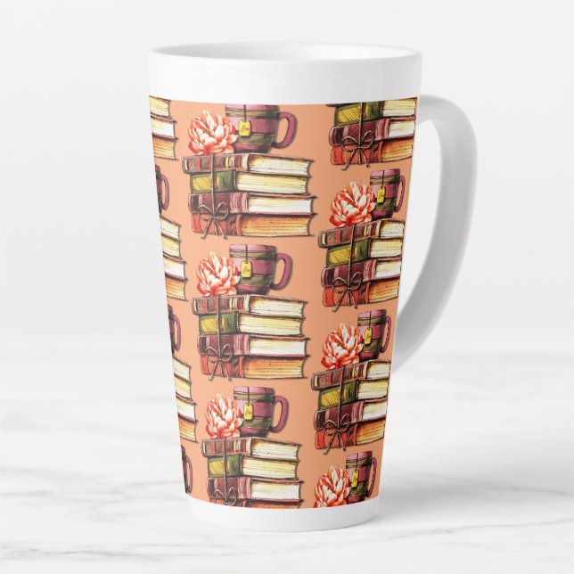 Caneca De Café Latte Livros De Pêssego E Chá (Ângulo direito)