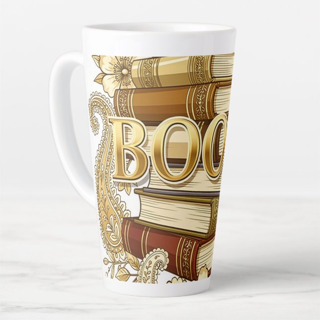 Caneca De Café Latte Livros Leitores Escritores Bibliófilos Tom de Ouro (Ângulo esquerdo)