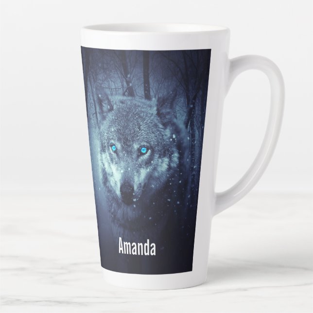 Caneca De Café Latte Lobo Selvagem Mágico com Olhos Azuis Incríveis (Direita)