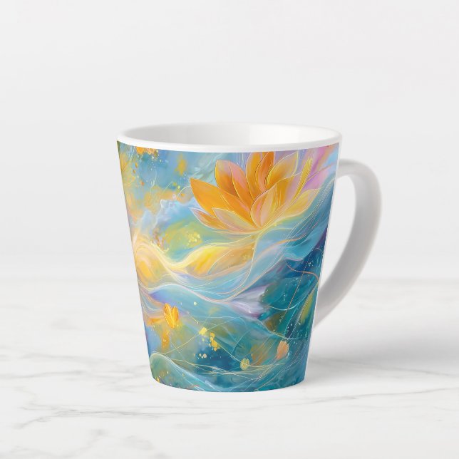 Caneca De Café Latte Lótus Dourado Abstrato Flores Flutuantes (Ângulo direito)