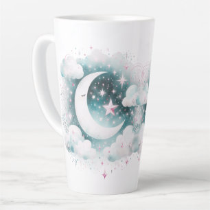 Caneca De Café Latte Lua Crescente Azul e Branco Celestial Boho Moderno