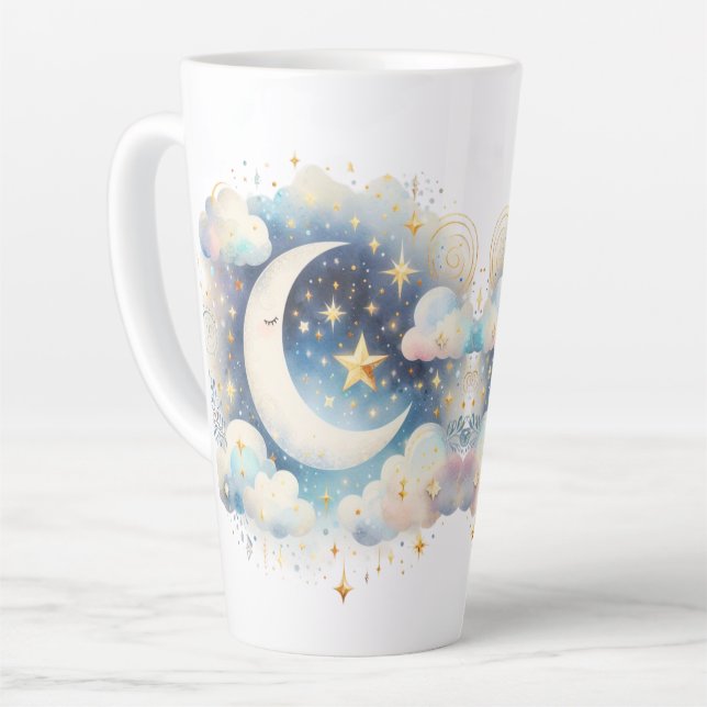Caneca De Café Latte Lua Crescente Azul e Branco Celestial Boho Moderno (Ângulo esquerdo)