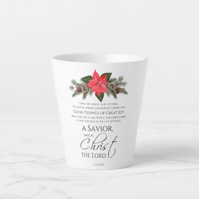 Caneca De Café Latte Luke 2:10-11 Escritura de Natal de Poinsettia (Frente)