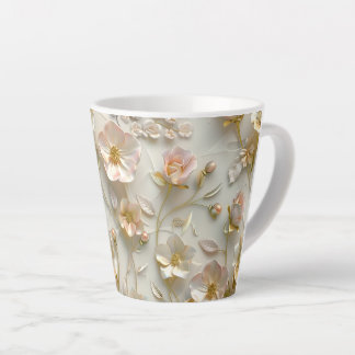 Caneca De Café Latte Luxo 3D Relevo Floral Folha Dourada Elegante