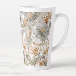 Caneca De Café Latte Luxo, Elegante, Padrão de Flores Cinza Dourado