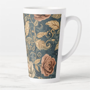Caneca De Café Latte Luxo, Jardim Vintage de Rosas, Fundo Azul