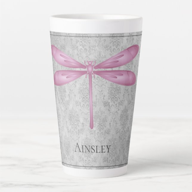 Caneca De Café Latte Magenta Dragonfly Damask (Frente)