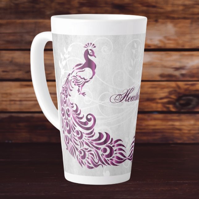Caneca De Café Latte Magenta Peacock Personalizado Latte Mug (Magenta Peacock Personalized Latte Mug)