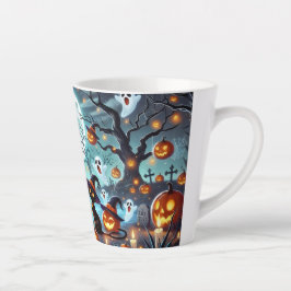 Caneca De Café Latte Magia da Meia-Noite: Gatos Pretos e Abóboras de Ha
