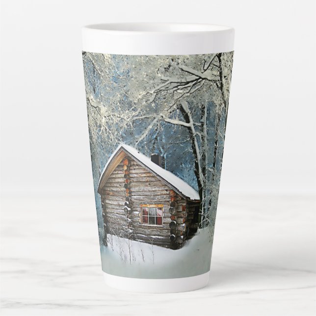 Caneca De Café Latte Magia de inverno da Cabine de Log Rústica (Frente)
