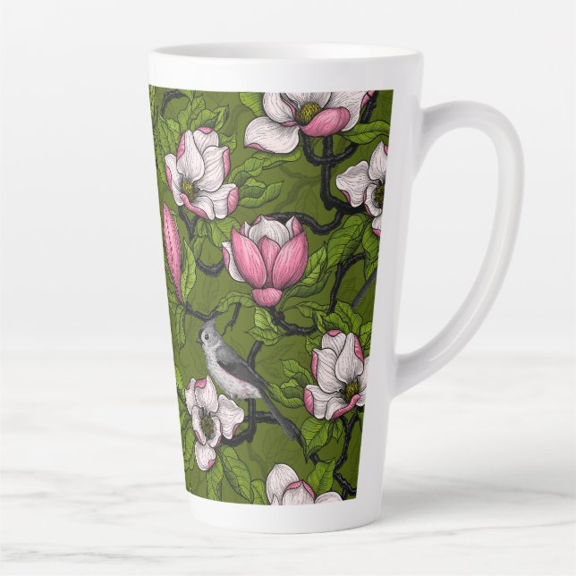 Caneca De Café Latte Magnólia florescente e pássaro 2 (Direita)